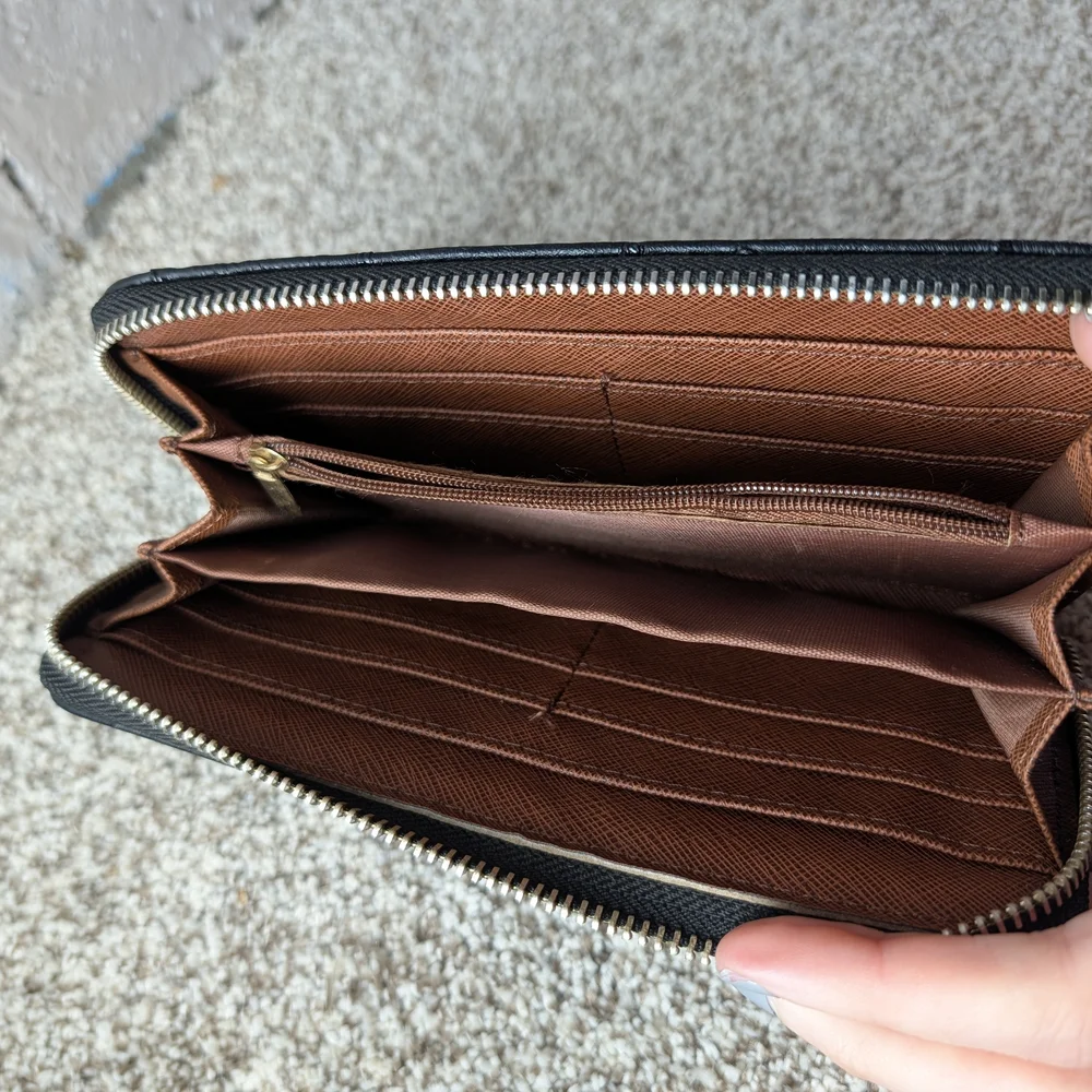 Black Faux Leather Zip Around Wallet Ostrich Croc Embossed Moto Edgy Biker Chic